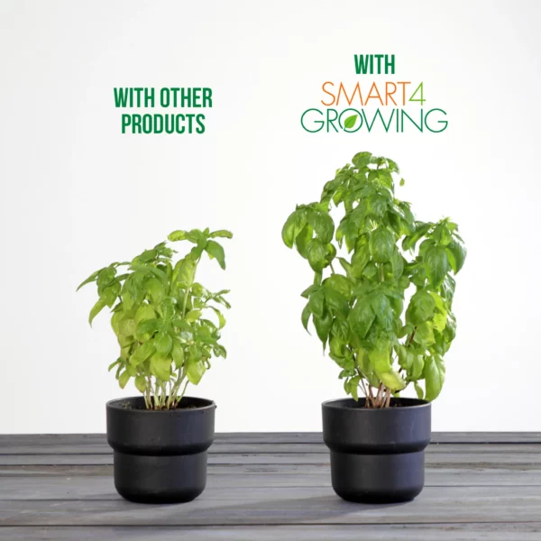 2 potted plants one treated with Smart4Growing that has more leaves